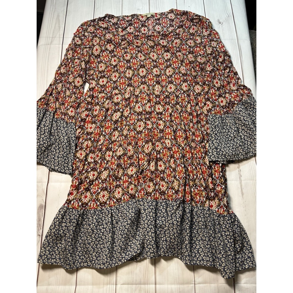 Women's Kori America Pattern Bell Sleeve Dress Size 2XL Red Multicolor
